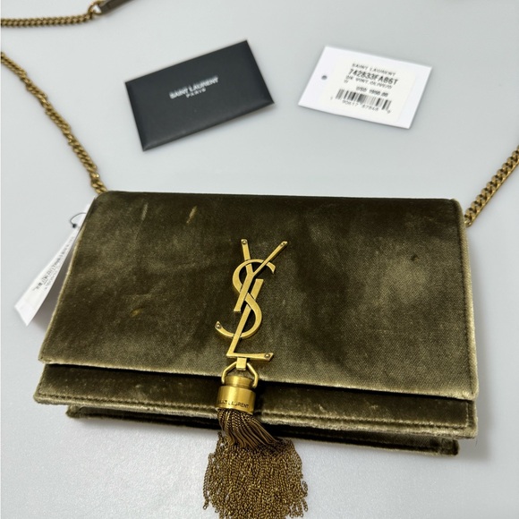 YSL Saint Laurent Kate Tassel Chain Bag Velour Olive Gold - Picture 3 of 10